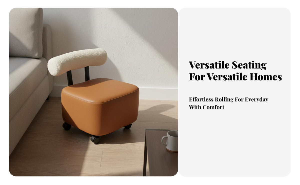 Minimalist Design Rolling Pouf with Backrest 360° Swivel Low-Silhouette Padded Chair with Casters Easy to Clean Household Furniture Lockable Wheels for Office Workers, Estheticians, Living Room, Bedroom, Entryway, Playroom