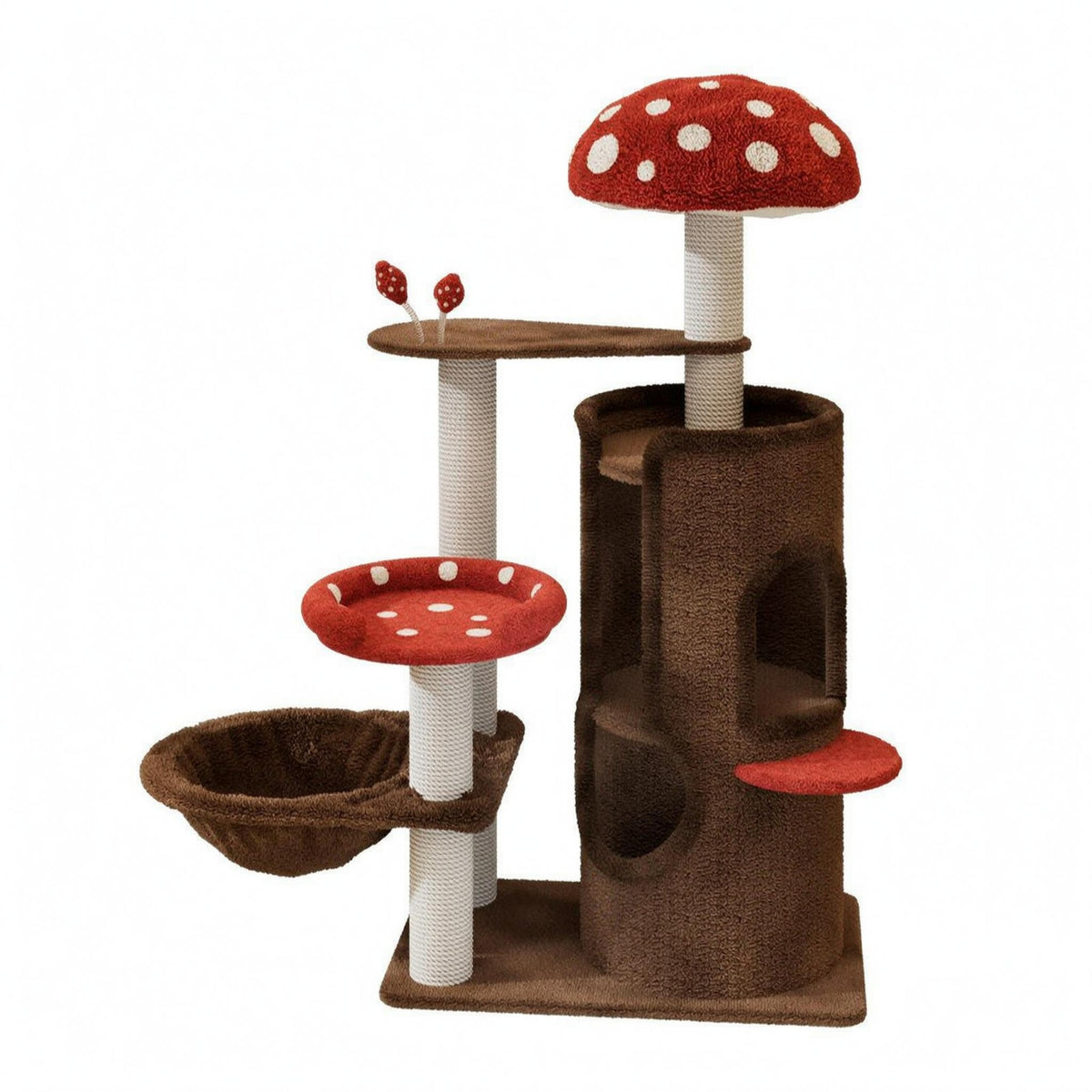 Rope-Wrapped Fungus Feline Tree Hanging bedStyle Multi Level Feline Structure Arched Opening Pet Furniture Dangling Toys