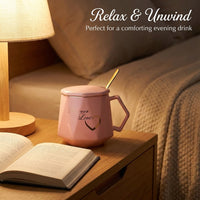 Large Coffee Mug with Lid and Spoon, Ceramic Tea for Couples Anniversary Gift, Desk with Heat Resistant Single Layer Cup