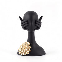 Sculpture with Flower Matte Black Human Bust Modern for Bookshelf