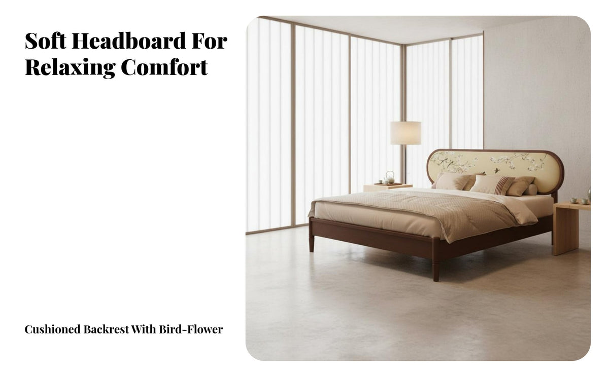 Chinese Design Upholstered Bed Traditional Mortise and Tenon Structure Solid Wood Bed Frame Strong Slat Support Bedstead for Couples, Adults