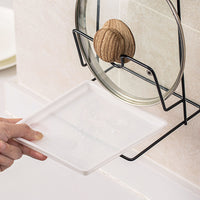 Wall-Mounted Iron Pot Lid Holder with Drain Rack for Cutting Boards, No-Drill Kitchen Storage Organizer