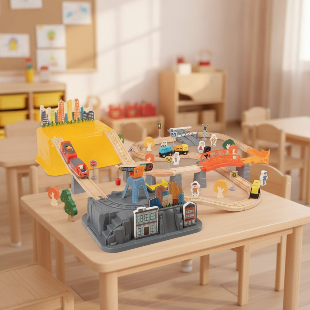Wooden Train Set with Tracks Interlocking Wooden Train Track Set Powered Railway Kit for Young Children