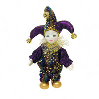 Ceramic-Style Head Jester Doll Ruffled Collar Jester Figurine Gold-Tone Bells Ornament Doll White Gloves for Gift Item