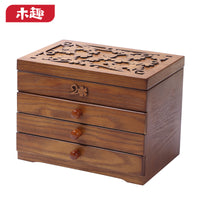 Multi-layer Vintage Wooden Jewelry Box with Mirror and Velvet Lining, Carved Desktop Organizer