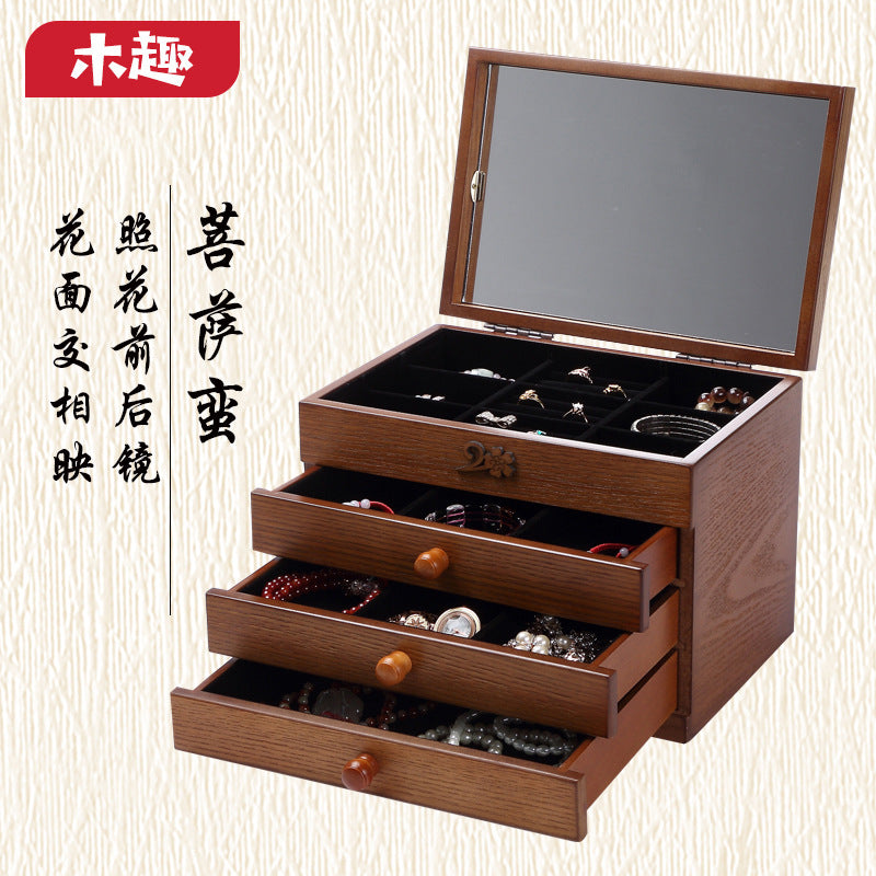 Multi-layer Vintage Wooden Jewelry Box with Mirror and Velvet Lining, Carved Desktop Organizer