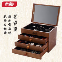 Multi-layer Vintage Wooden Jewelry Box with Mirror and Velvet Lining, Carved Desktop Organizer