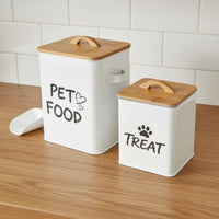 2 Pieces Large Capacity Feline Food Storage Tin with Bamboo Lid Airtight Seal Metal Pet Food Bin Farmhouse Design Pet Treat Jar Decorative for Kitchen