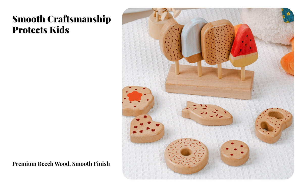 Wooden Pastry and Ice Cream Toy Set with Sorting Pegs for Children