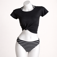 Swimsuit for Seaside Water Sports with Striped Pattern, Three Piece Bikini Set with Short Sleeve Top and Scarf