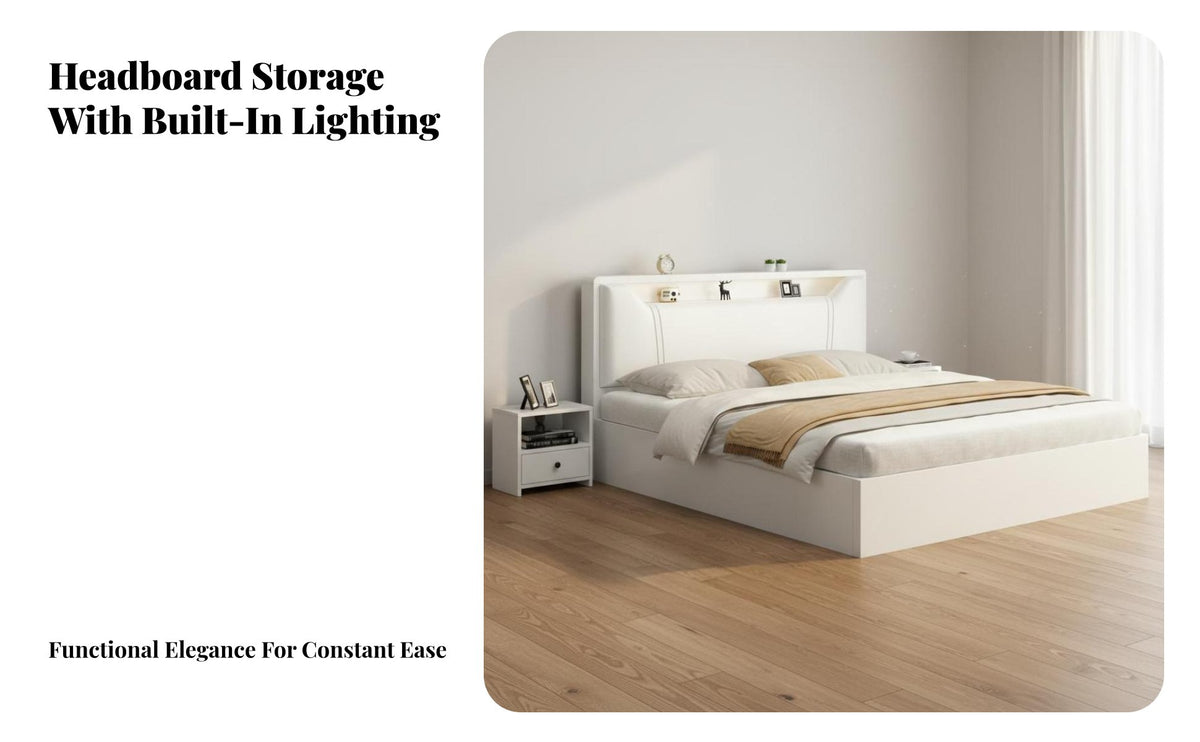 Contemporary White Bed Frame Solid Wood Construction Wooden Slat Bed Base No Box Spring Needed Bedroom Furniture for Couples, Renters, Guest Room