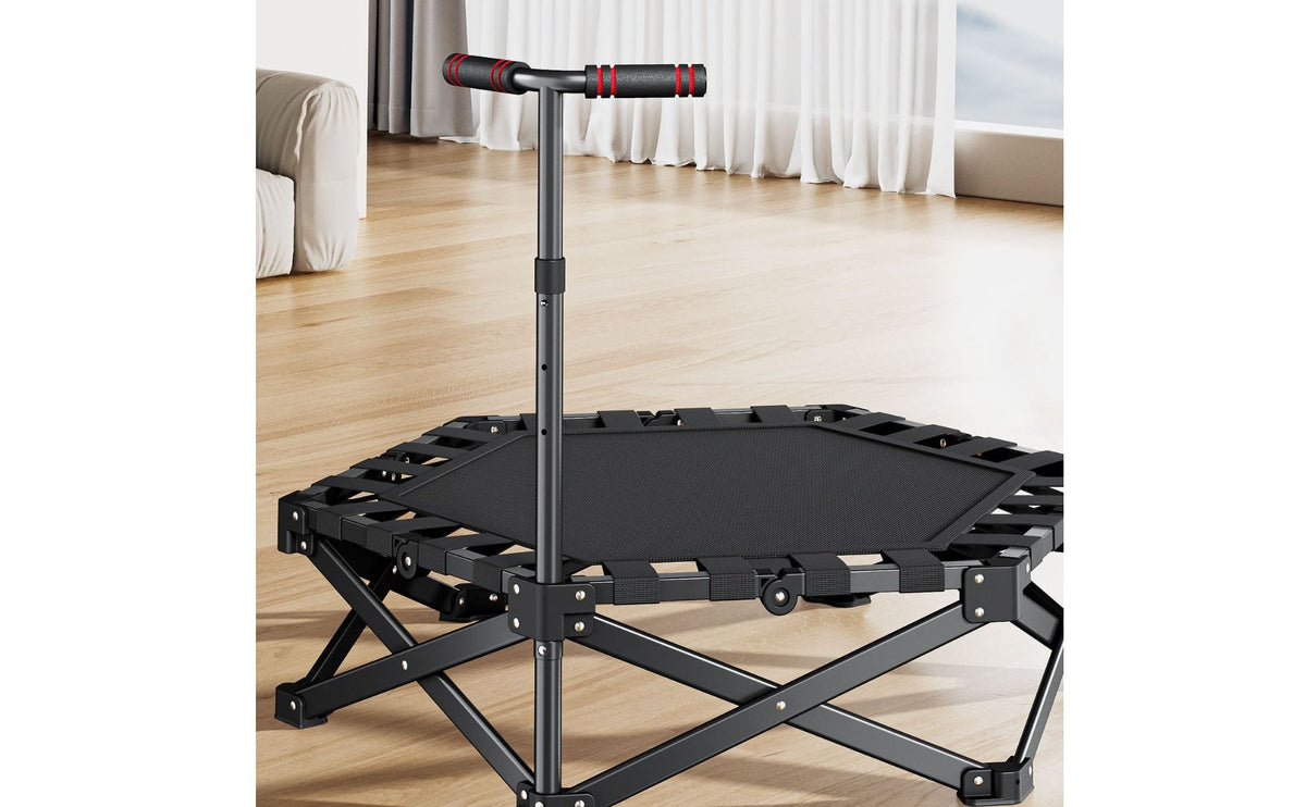 Anti-Slip Feet Adjustable Handlebar Mini Trampoline Silent Bouncing Foldable Exercise Trampoline with Handle 450 Lbs Weight Capacity Portable Jumping Bouncer with Stability Bar Easy Assembly for Children