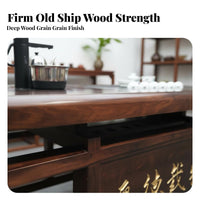 Reclaimed Boat Wood Design Chinese Gongfu Tea Table Set Long-Lasting Gongfu Tea Tray with Drainage Ship Wheel Chair Detailing Household Furniture Easy Cleaning for Homeowners, Business Owners, Collectors, Living Room, Study, Office, Reception Area