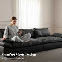 Deep-Seat Black Leather Sofa French Retro Design Living Room Furniture Easy to Clean Couch for Apartment Dwellers, Office Workers, Bedroom