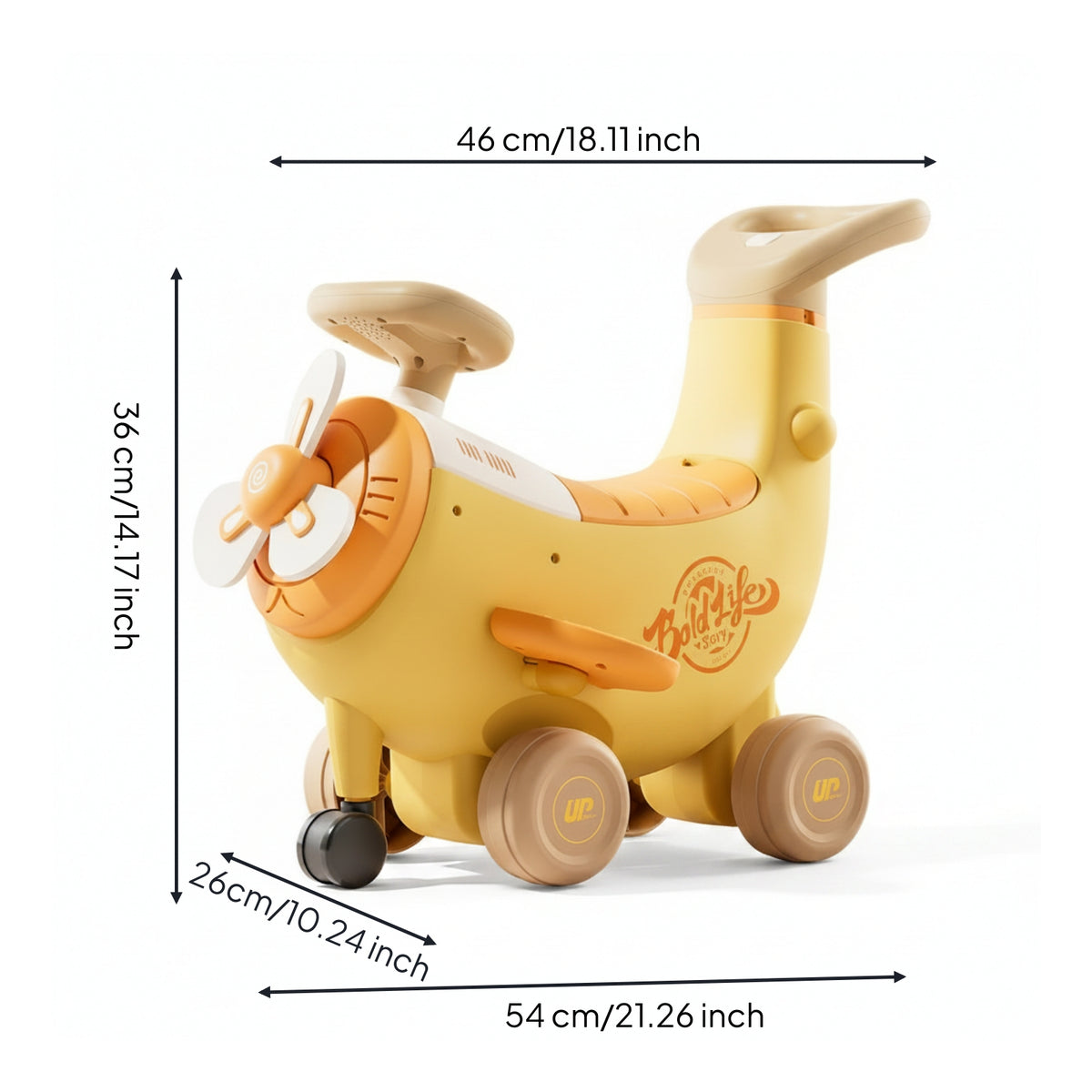 Anti-Tip Banana Airplane Rideable Foldable Footrests Music Rideable Toy Built-in Storage Kids Vehicle Push Handle for Toddlers, Children