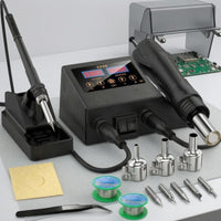 Digital Display Soldering and Hot Air Station Interchangeable Nozzles 2 in 1 Soldering Station Cleaning Sponge Workshop Equipment Space Saving Design