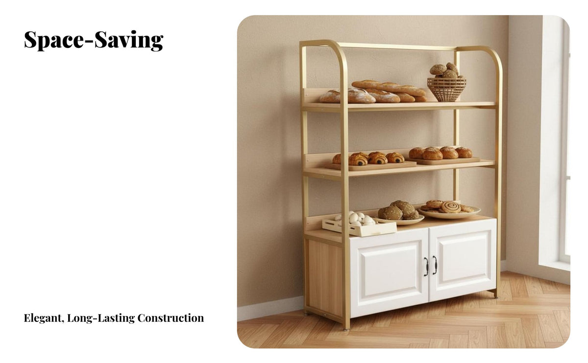 Bakery Display Shelf Sturdy Frame Bread Display Stand with Cabinet Heavy-Duty Multi-Tier Retail Shelving Unit for Retailers, Pastry Shop, Supermarket