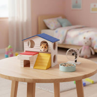 2-Story Hamster House Fir Wood Wooden Hamster House Built-in Food Trough Colorful Small for Gerbils, Playpen