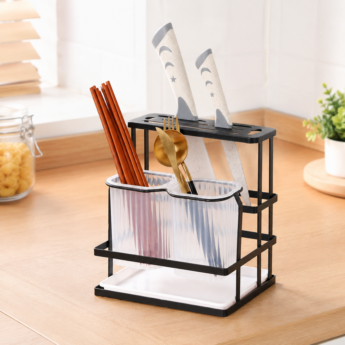 Kitchen Utensil Organizer, Wall Mounted Utensil Holder with Drain, Integrated Knife Block & Cutlery Holder, No-Drill Kitchen Storage Rack