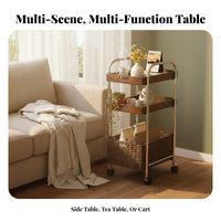 Rattan Weave Accent 2-Tier Rolling Table Vintage design 2-Tier Rolling Organizer Mobile Design Storage Trolley Wood Top for Apartment Dwellers, Homeowners, Office Workers, Living Room, Bedroom, Kitchen, Bathroom