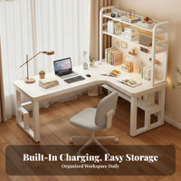 L-Shaped Corner Desk Solid Wood Central Corner Computer Desk with Shelves Large Storage Space Writing Workstation with Shelves for Teens, Streamers