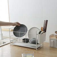 Dish Rack with Draining Board, 2-Tier Stainless Steel Dish Rack and Dish Drainer, Space Saving Kitchen Storage with Cutlery Holder and Tray