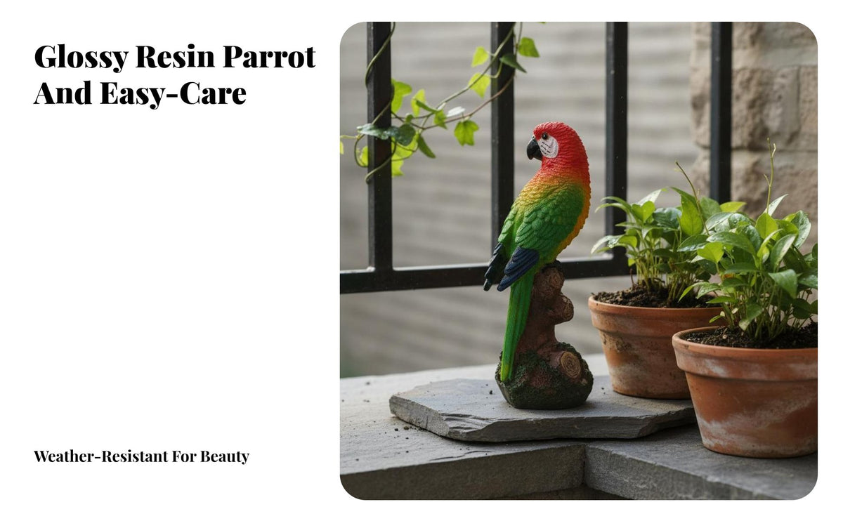 Resin Parrot on Branch Statue Highly Detailed Resin Parrot Figurine Lively Colors Realistic Bird Sculpture for Balcony, Patio, Yard