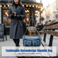 Korean Washed Denim Bowling Bag, High Aesthetic Shoulder Bag, Relaxed Winter Purse