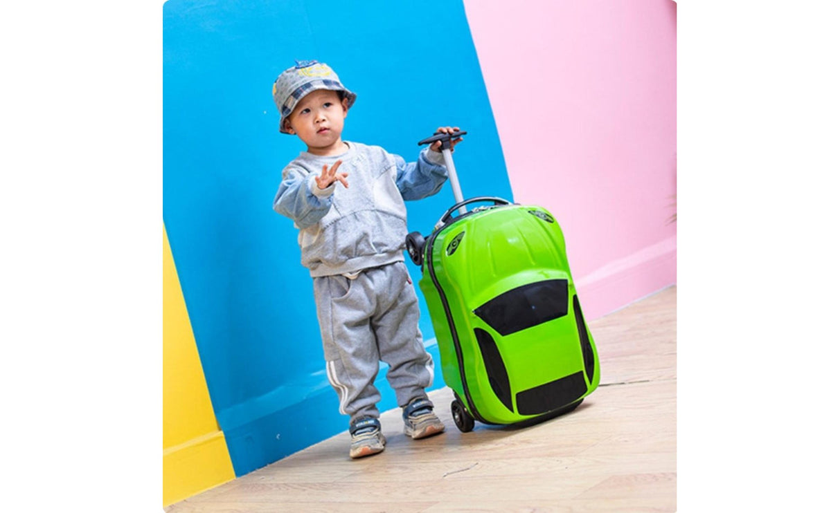 Kids Car Shaped Luggage Telescopic Handle Child's Sit-on Suitcase PC Material Children's Rideable Travel Case for Vacation