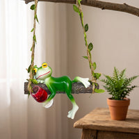 Resin Frog on Swing Cute Swing Frog Statue Whimsical Glossy for Gardeners, Garden, Patio, Balcony, Planter