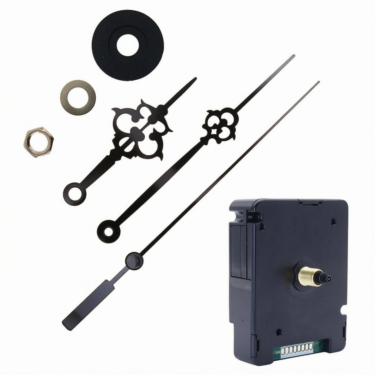 Aluminum Hands Radio-Controlled Clock Movement Kit Black Housing Noiseless Sweep Clock Movement Threaded Shaft Timekeeping Parts Includes Nut and Washer