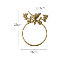 Towel Holder with Bird and Floral Motif Nature-Influenced Towel Loop with Floral Design Gold Hardware for Guest Washroom