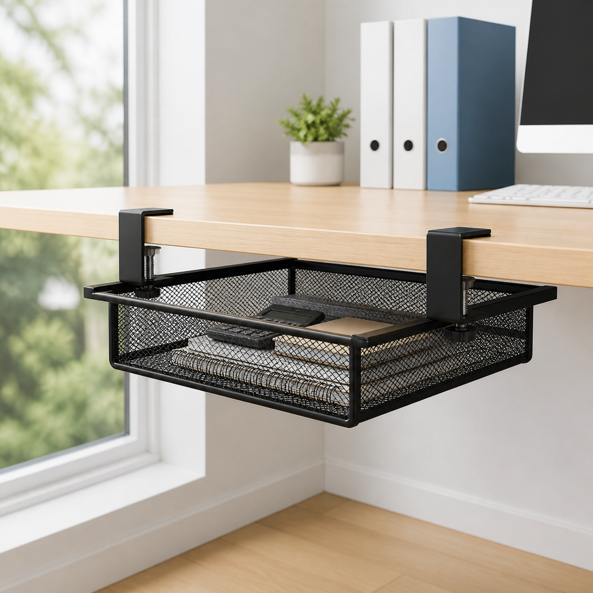 Black Carbon Steel Under Desk Cable Management, Pull Out Cable Tray, Small 18L Foldable Metal Organiser, Modern Minimalist Design