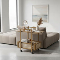 On Wheels Rattan Design Tea Trolley Space Saving Wheeled Storage Trolley Easy Assembly 2-Tier Rolling Cart Sturdy Construction for Bedroom, Office