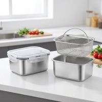 2 Pieces Food Storage Container with Drain Basket Brushed Stainless Steel Container with Colander Rust-Resistant