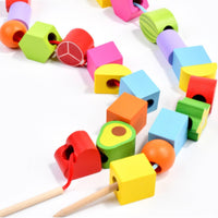 Wooden Bead Stacking Set Made of Wood Fruit and Shape Stacking Blocks Hand-Eye Coordination Bead Threading Game for Young Children, Kindergarten