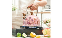 Floral Print Tea Kettle with Wood-Look Handle Food-Grade Tea Kettle with Wood Pattern Handle Loud Fast Heating for Homeowners