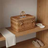 Handwoven Storage Chest with Handles Vintage Style Lidded Rattan Storage Case Porcelain Tile Accent for Bedroom