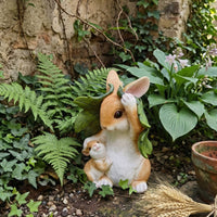 Hare Statue with Leaf Motif Hand-Painted Family Bunny Decorations Charming Hare Garden Statue for Nature Lovers, Patio