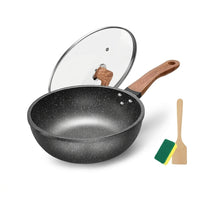 Induction Hob Stir Fry Wok Induction Hob, Stainless Steel Induction Wok with Lid and Wood Handle, Cast Iron Wok Pan Lid, Stir Fry Pan for Home