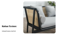 Nordic Design 3-Seater Cane Armrest Settee Hand-Woven Curved rear Cane Loveseat Minimalist appearance Rattan Sofa Comfortable pads for Hotel Owners, Guesthouse managers, Living Room, Lounge Area, Sunroom, Apartment