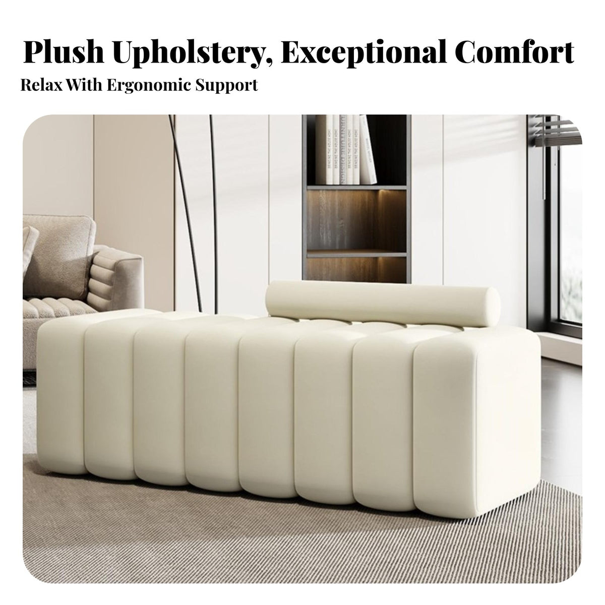 Soft and Comfortable Long Padded Seat High-Resilience Foam Segmented Cushion Bench Breathable Textile Upholstered Seating Collapse-Resistant Frame for Homeowners, Shop Owners, Interior Designers, Fitting Room, Entryway, Retail Boutique, Window Nook