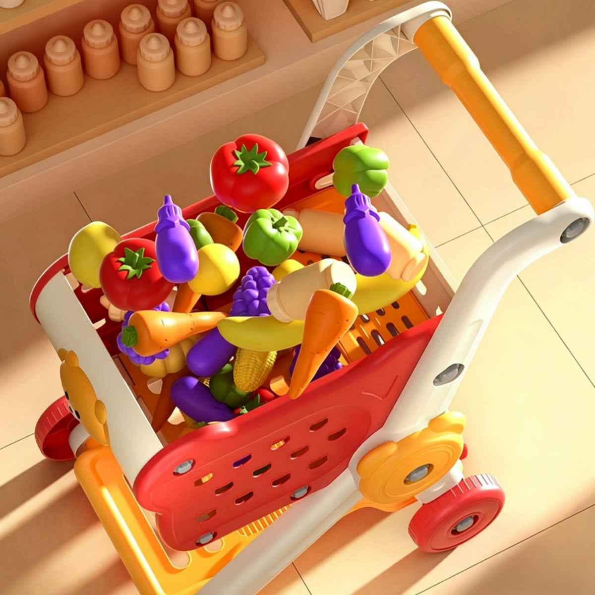 Toddler Toy Shopping Cart with Play Food Colorful Toy Shopping Cart Plastic Push for Toddlers, Playroom, Home