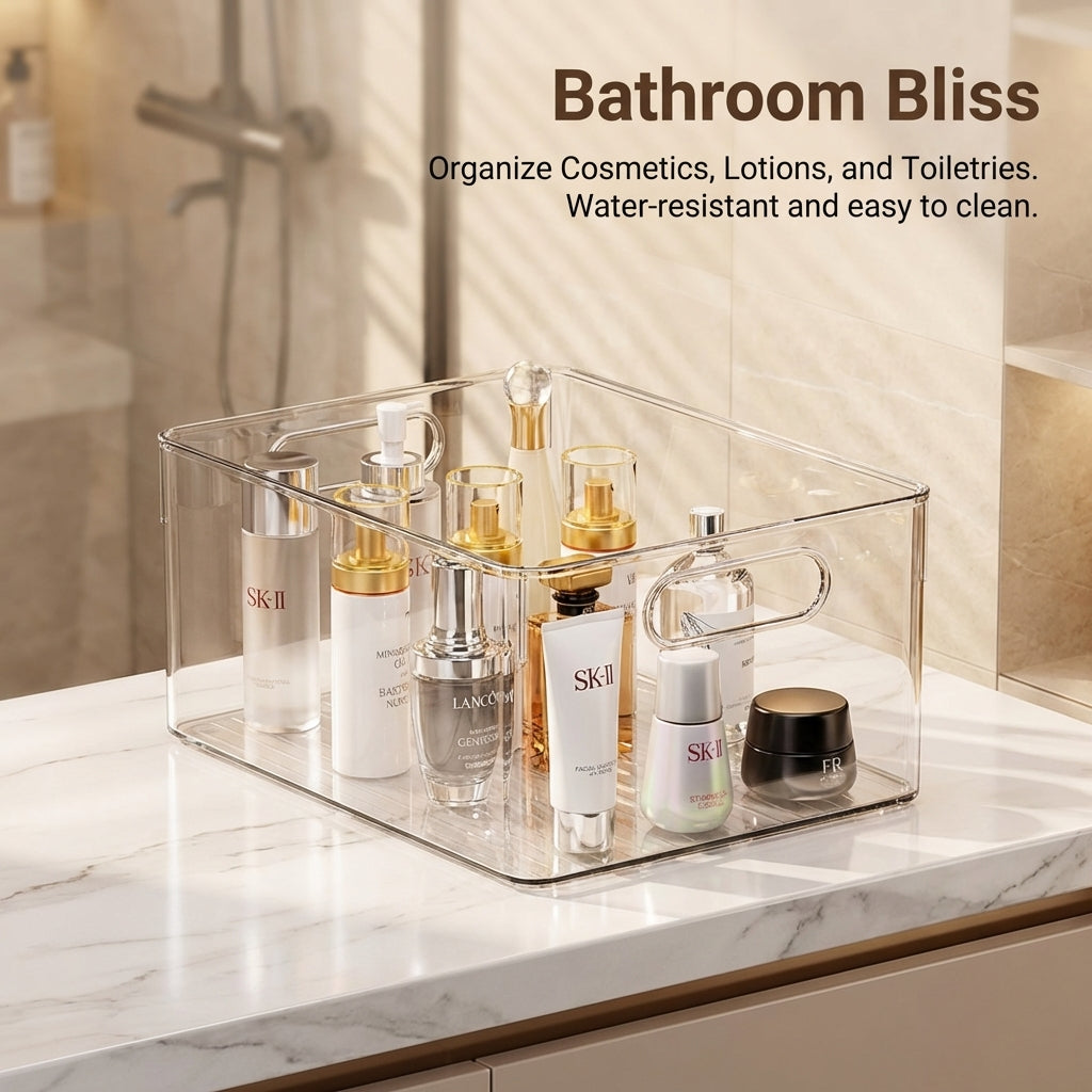 Clear Storage Boxes for Shelves with Handle, Rectangular Desktop Organizer, Stackable Bins with Handles, Kitchen Organizers