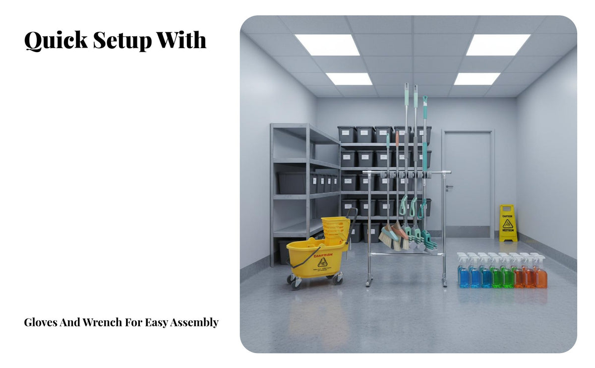 Stainless Steel Frame Mobile Mop and Broom Holder Water Water-Collecting Tray Mop Rack with Wheels Rust-Unrestricted Freestanding Broom Organizer Rack Sturdy Construction for Janitors, Laundry Room, School, Office, Basement