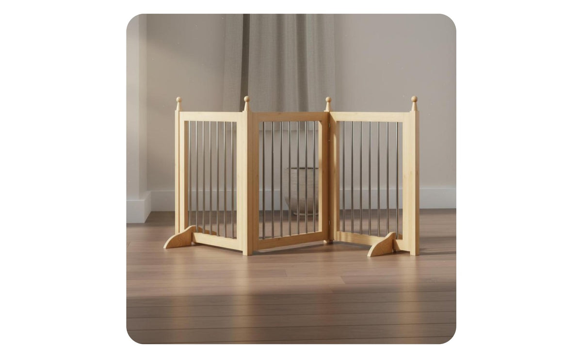 Foldable Pet Fence Solid Wood Frame Freestanding Foldable Fence Installation Freestanding Dog Gate for Balcony, Doorways, Stairways