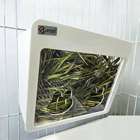 Bunny Hay Feeder with Low Mess Hay Box and Metal Hay Rack for Guinea Pigs, Clamp Fixation Cage Accessory, 25 × 13.3 × 19.8 cm, White