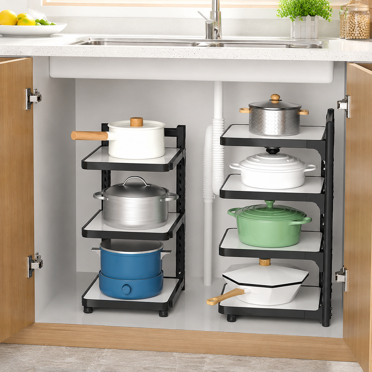 Adjustable Kitchen Pot Rack, Pan Organizer for Small Kitchens, 53x27cm, Freestanding Kitchen Shelf Height-Adjustable, Matte Dark Gray/White