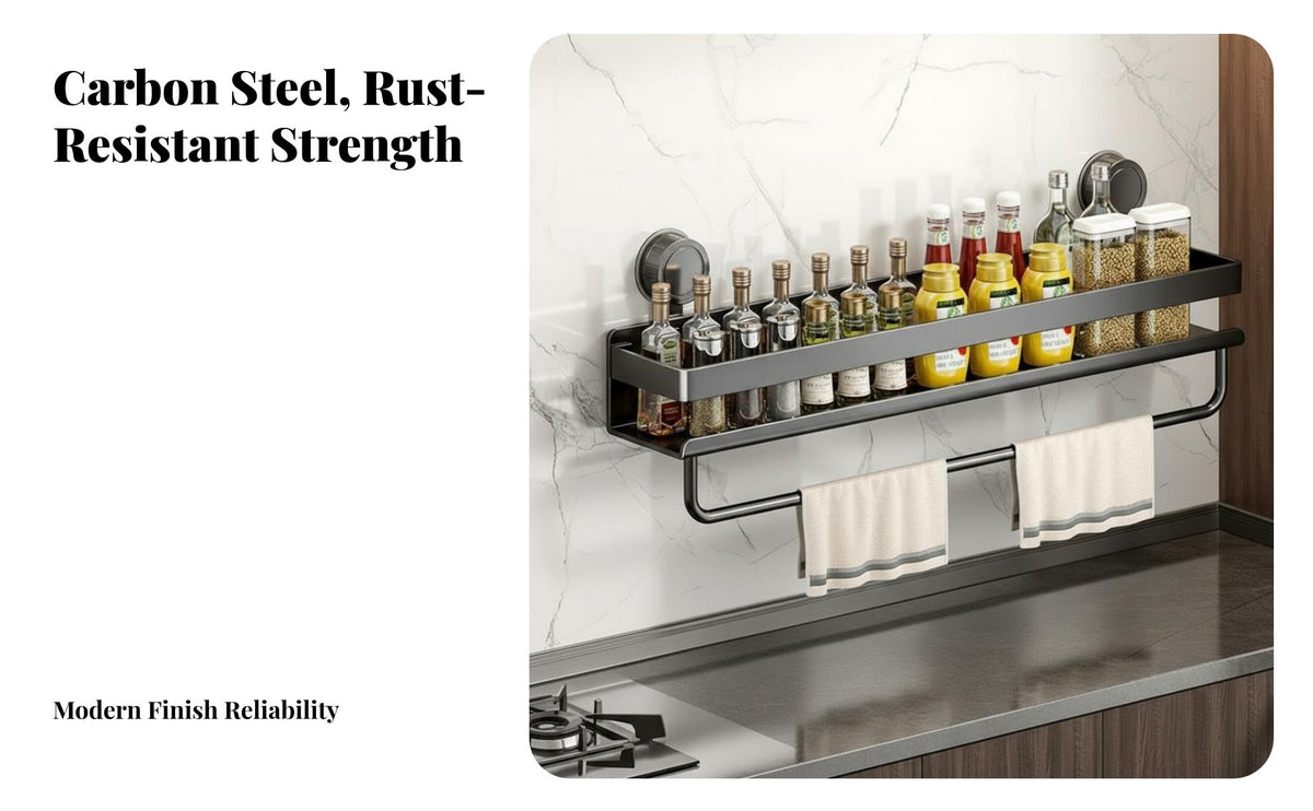 No Drilling Required Suction Cup Seasoning Holder Space Saving Kitchen Rack Quick Installation Wall Shelf Large Capacity for Renters, Cooks, Homeowners, Pantry, Bathroom