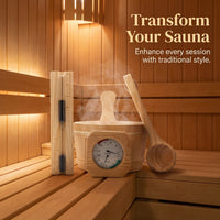 Sauna Accessories 4 Piece Set with Bucket and Ladle for Home Use, Fragrant Wood Timer and Thermometer Hygrometer, 4 Liter Capacity